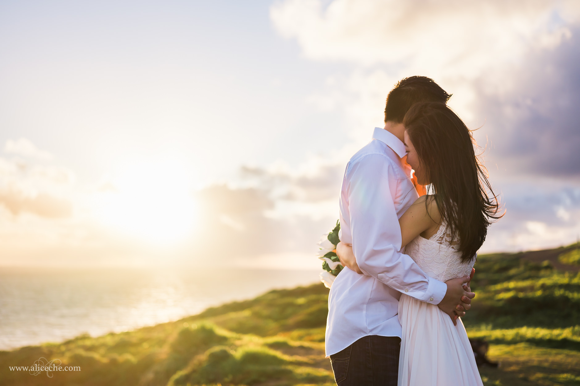 Backlit Couple Hugging on Marin Headlands 