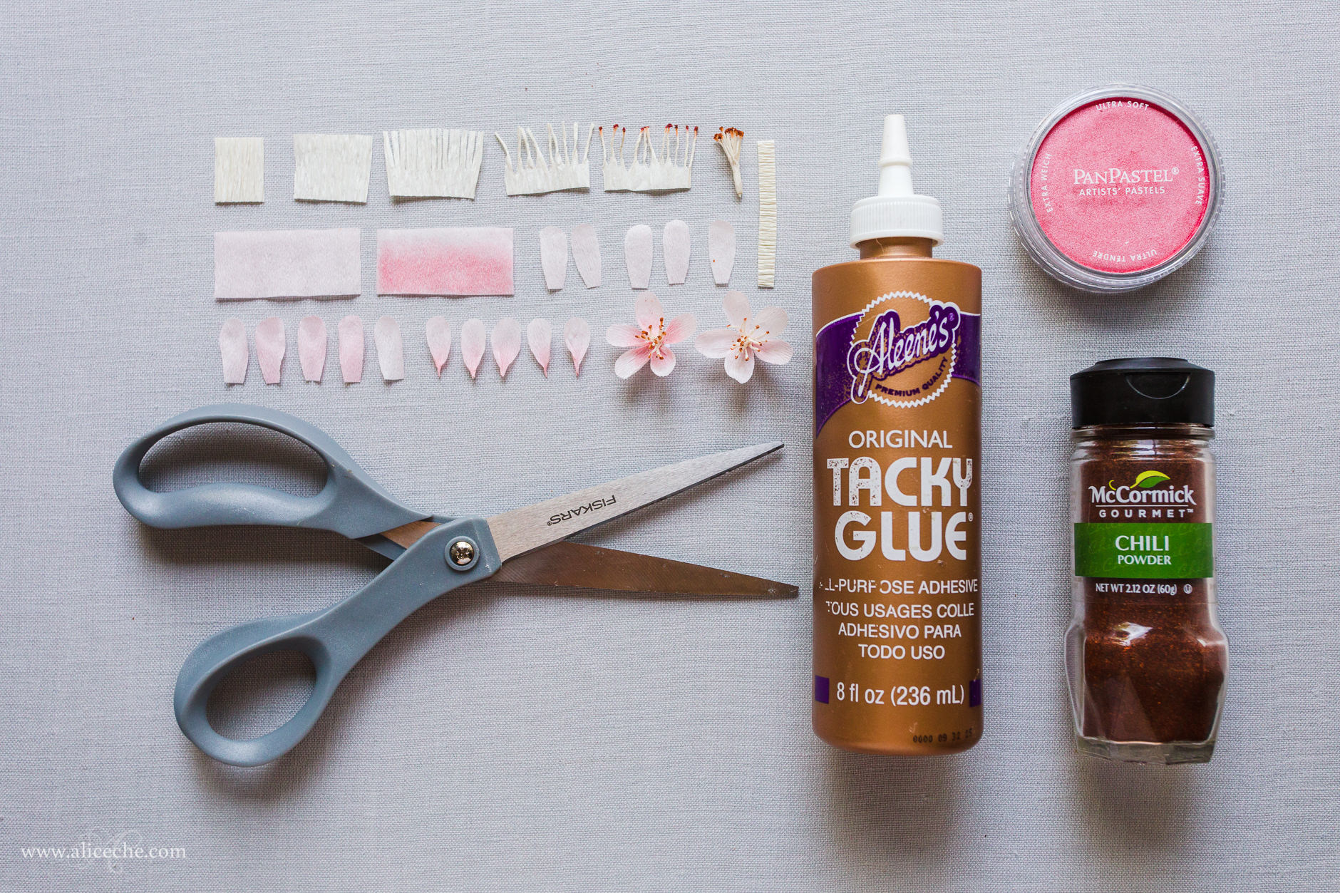Materials for making a DIY crepe paper cherry blossom tutorial