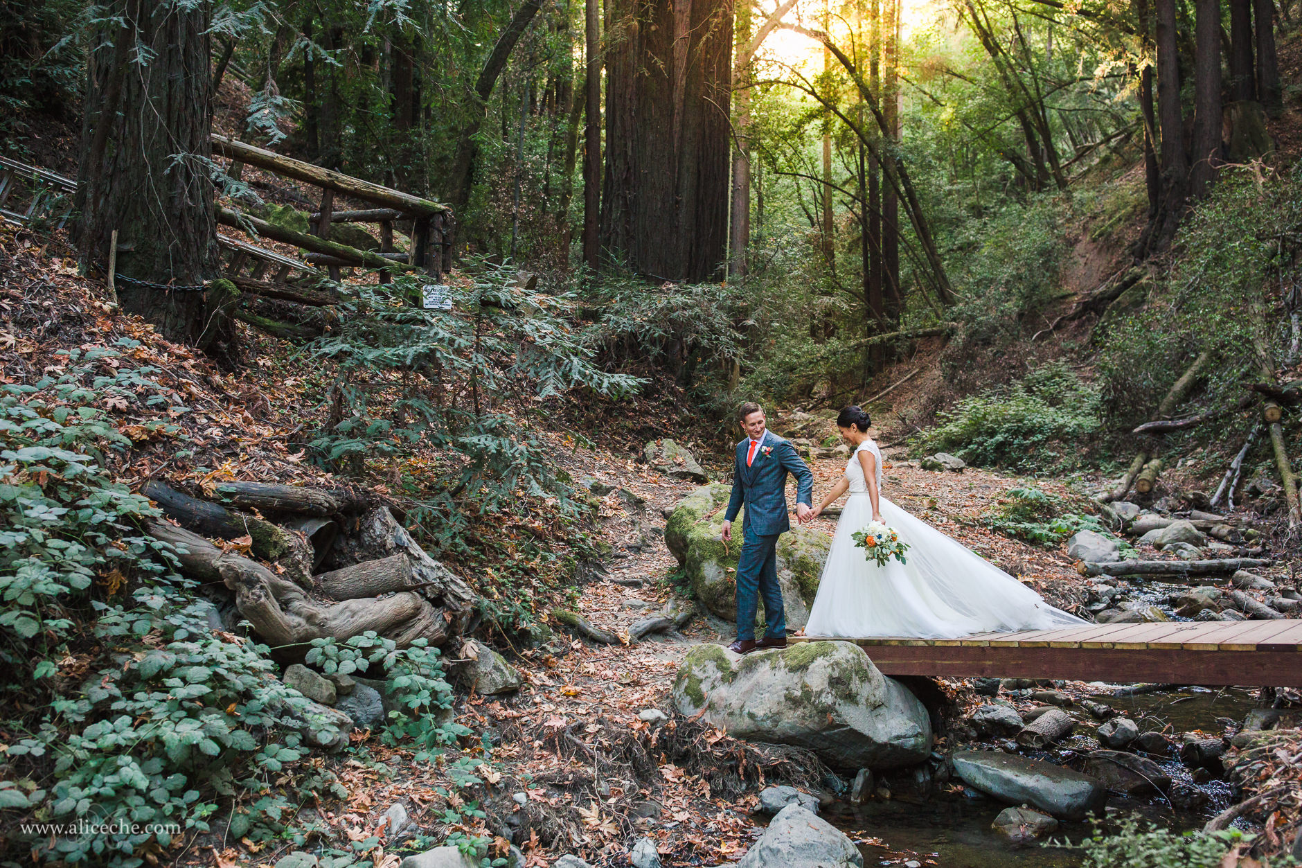 Bride and Groom walking across bridge in redwood forest