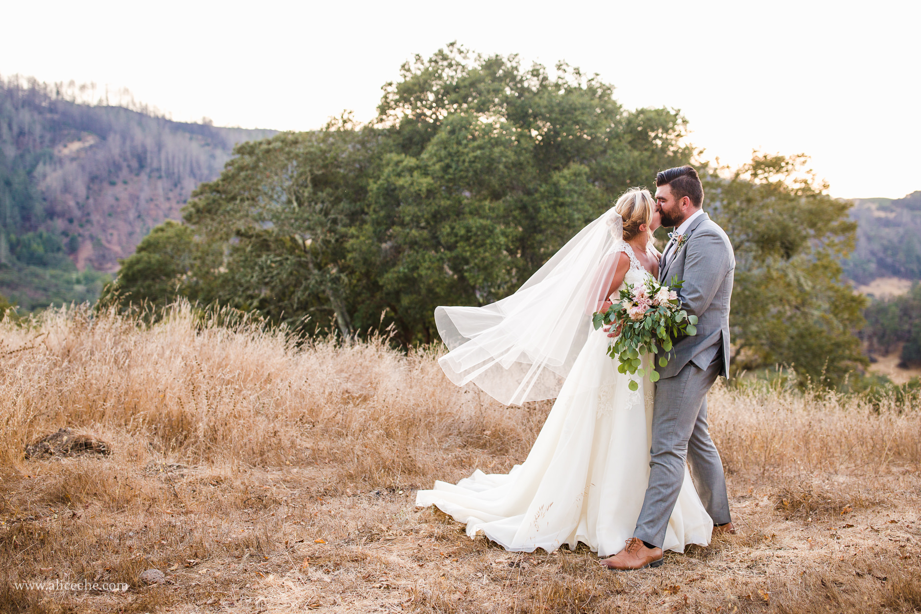 French Oak Ranch wedding bride kissing groom on top of the hill at sunset