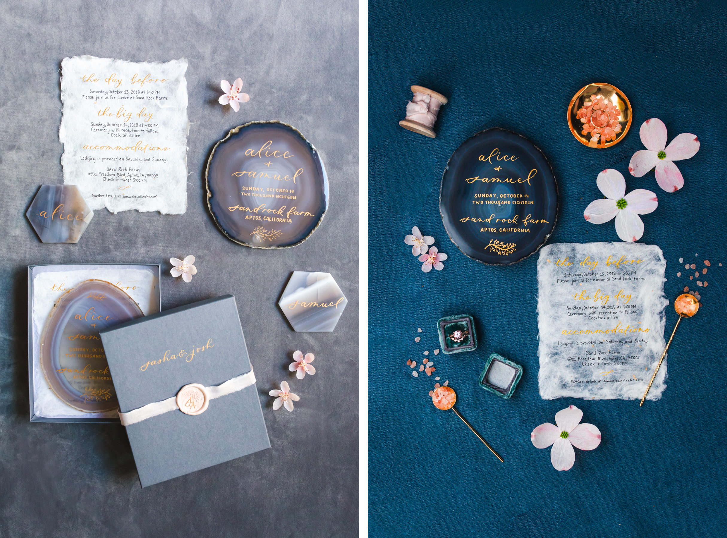 DIY agate slice wedding invitation with paper flowers