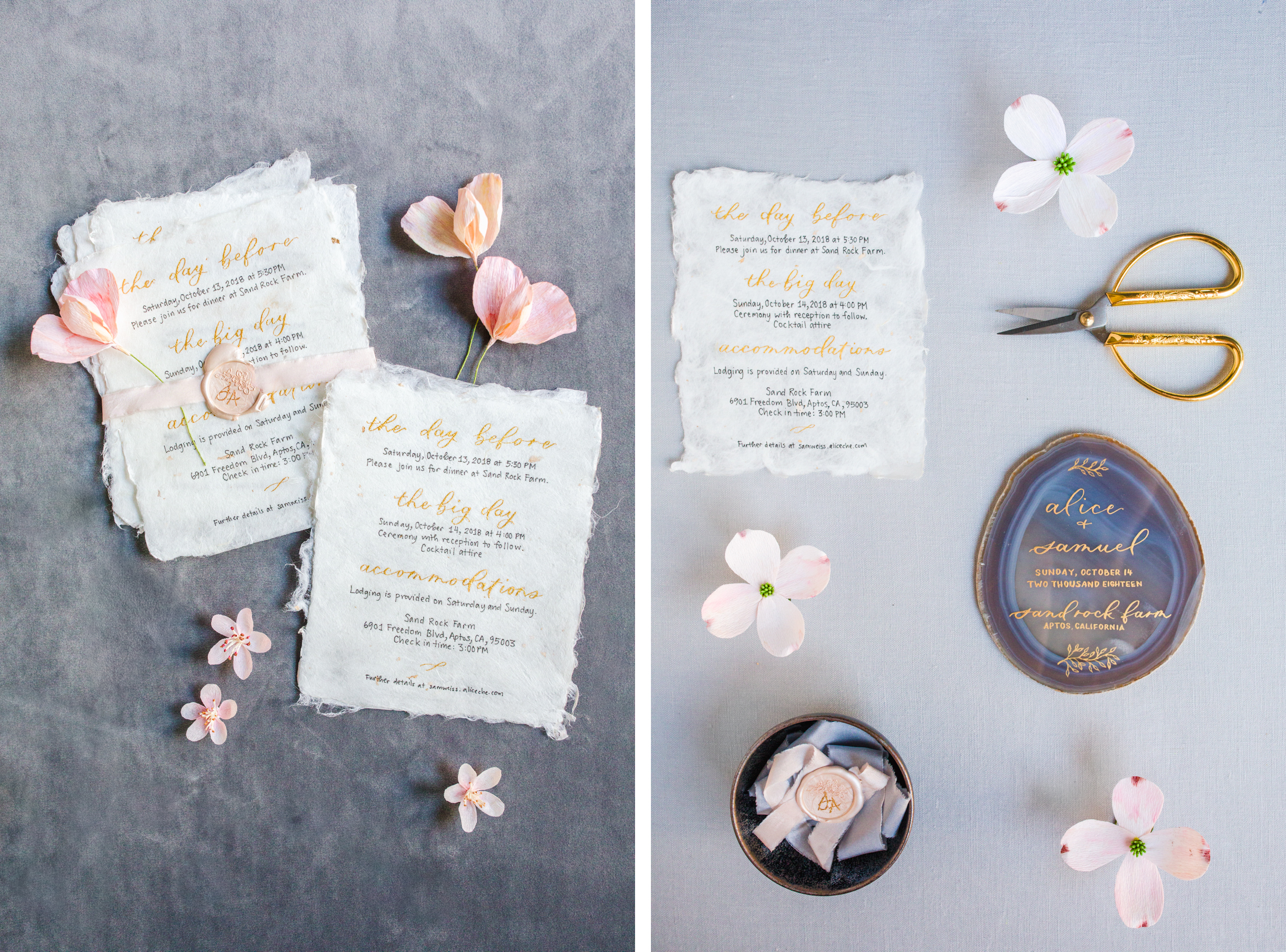 DIY wedding invitations | Handmade sunbleached kozo paper with gold flecks and gold calligraphy