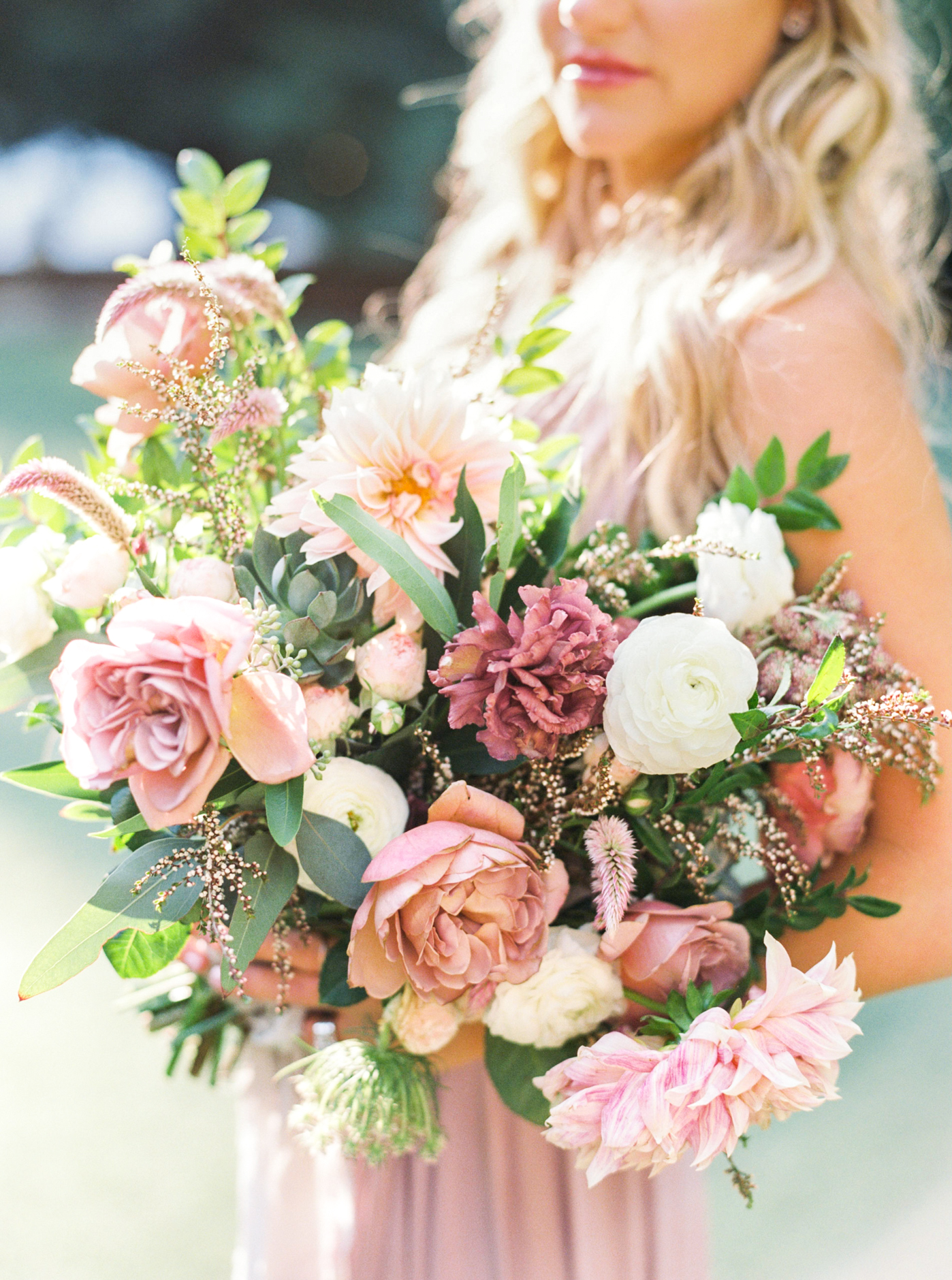 Mauve and white bouquet filled with dahlias and roses by Graceful Garland Co