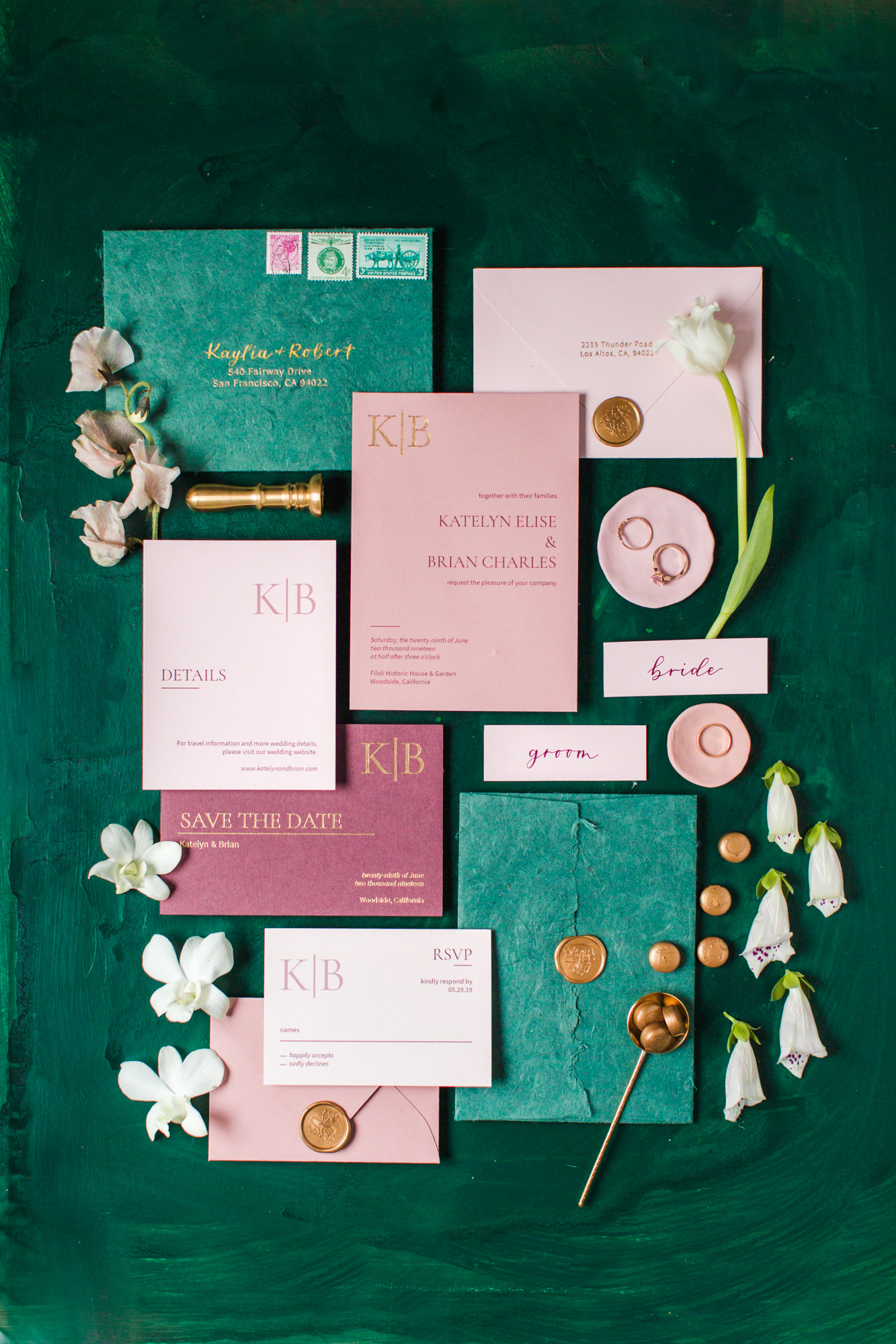 Bold and modern emerald, mauve and gold invitation suite by Jen Che Designs for Filoli Garden Wedding