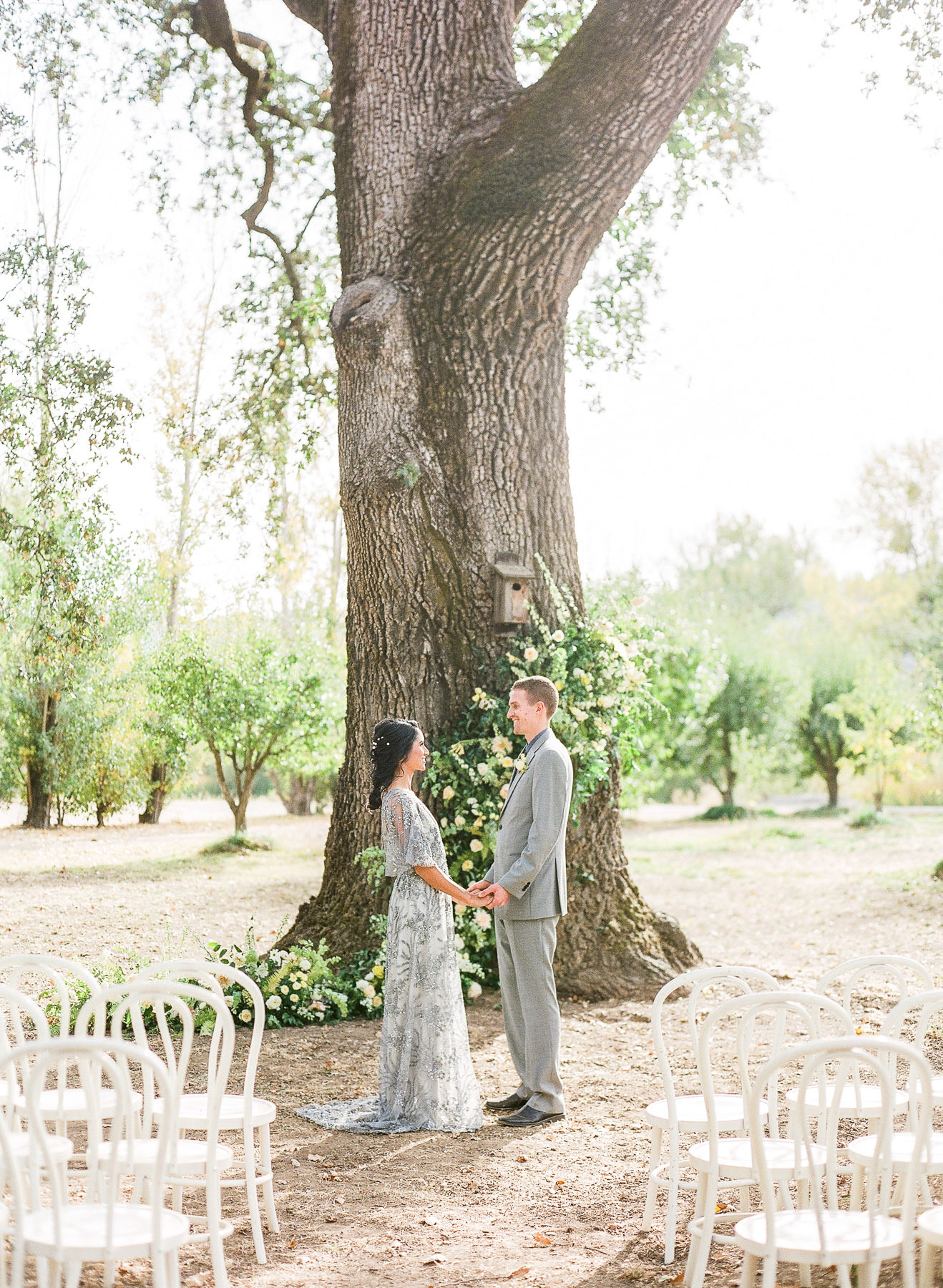 Bride and Groom in front of Oak tree with florals at Campovida Wedding