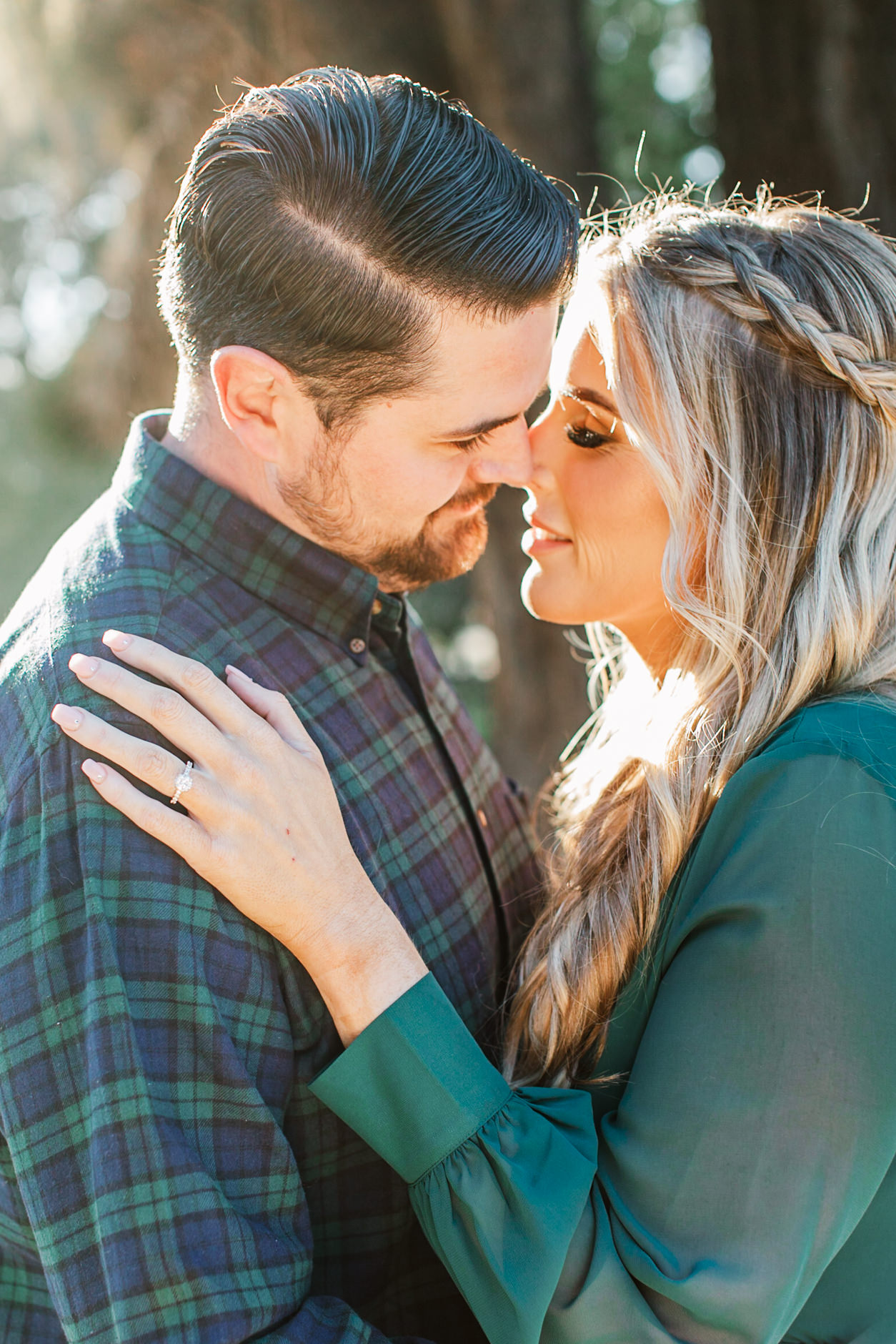 Engaged couple about the kiss during their Palo Alto Engagement session